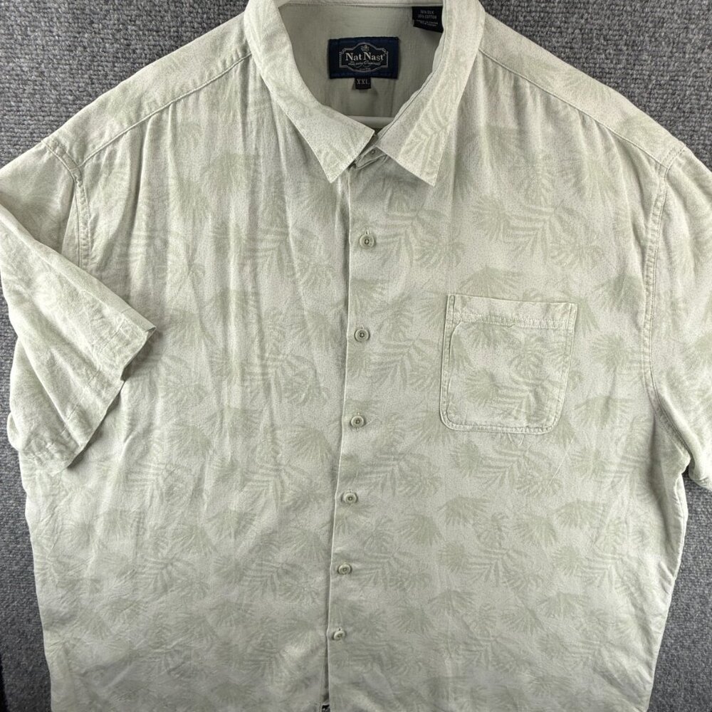 Nat Nast Silk Cotton Button Up Shirt Light Green Ivory Short Sleeve 2XL Adult